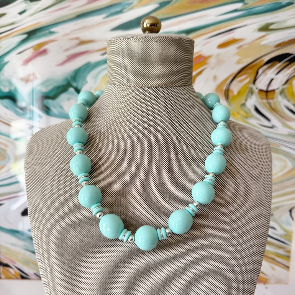 Vintage Turquoise Blue‎ Beaded Necklace 18 Inch 1980s Round Statement Preppy